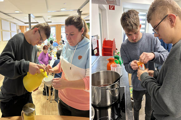 Bild 1: Die Berufsschülerinnnen und -schüler der Paul-Moor-Schule begleiten das gesamte Frühstücksangebot – von der Zubereitung in der MGH-Küche bis zum Ausschenken und Servieren. | Bild 2: Teamwork beim Zubereiten von Winterpunsch (Fotos: Friederike Schulz)