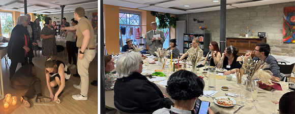 Bild 1: Nachdem ein Gast tot auf dem Boden aufgefunden wurde, gingen direkt die Spekulationen und Anschuldigungen, wer der Täter gewesen ist, los. | Bild 2: Am Ende wurde von Kommissar Giorgio Falcone (gespielt von Olaf Gräf) die Auflösung vorgetragen. (Foto: Julia Sterlings/MGH)