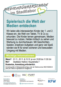Flyer Medienführerschein im Stadtlabor für Schulkinder der Jahrgangsstufen 1 und 2.