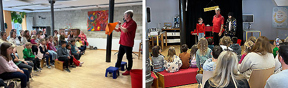 Bild 1: Ganz gespannt beobachten Groß und Klein Zauberer Matzelli bei seinem nächsten Zaubertrick | Bild 2: Mitmachzauberer Matzelli mit zwei kleinen Zauberlehrlingen (Fotos: Marika Philipp/MGH)